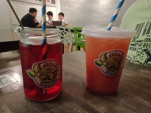 Roselle tea and watermelon juice at JanxDen Greenlife Cafe in Penang