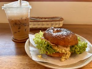 Vegan brekky bagel and iced oat cappuccino   at JanxDen Greenlife Cafe in Penang