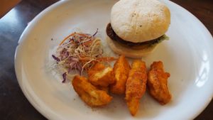 Teriyaki Mushroom Burger (RM13.90) with side salad and potato wedges at JanxDen Greenlife Cafe in Penang