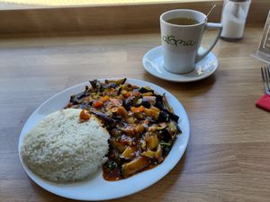 Aubergine with rice at Aroma Cafe in Fort William