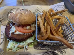 Village mushroom burger  at Burger Village in San Luis Obispo