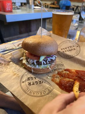Impossible burger, bean stalk with the vegan bun   at Burger Village in San Luis Obispo