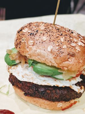 Mushroom Patti with fried egg and avocado  at Burger Village in San Luis Obispo