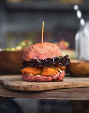 Pumpkin burger at Superfood Health Restaurant in Canggu