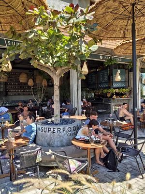 Outside and inside seating  at Superfood Health Restaurant in Canggu