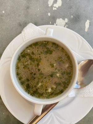 Mushroom soup with "sour cream" (vegan) at Walzer Etterem es Panzio in Velence