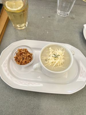 Garlic cream soup with vegan cheese  at Walzer Etterem es Panzio in Velence
