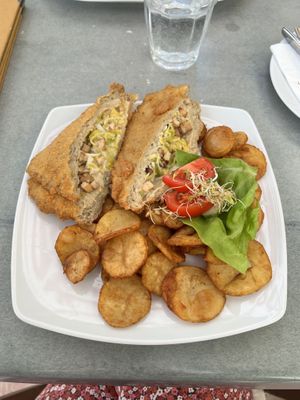 Víglegény seitan (filled with vegan cheese, spring onion and “vegan bacon”)   at Walzer Etterem es Panzio in Velence