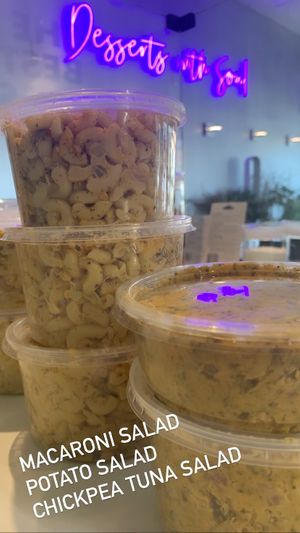 Macaroni, Potato + Chickpea Tuna Salads available 4, 8 or 16 oz (shown) at How Delish HD in West Orange