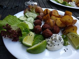 5 meatballs with some unwashed lettuce, a spoon of hummus and roasted potatoes for €12. I've eaten better in Norway for that price. at Pepino Vege in Parnu