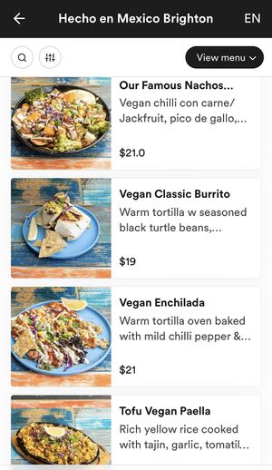 Part of vegan menu  at Hecho en Mexico in Brighton
