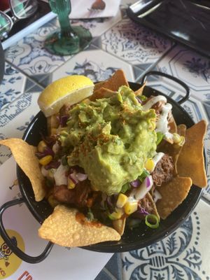 Corn chips with guacamole and pulled jackfruit   at Hecho en Mexico in South Yarra
