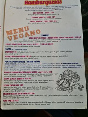 Separate vegan section on the menu at Hecho en Mexico in Yarraville