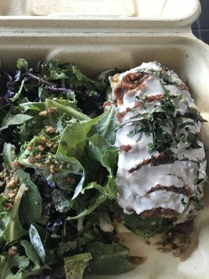 Rich and raw lasagna and salad at SunCafe in Studio City