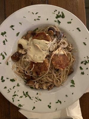 Lemon "crab” cake pasta  at SunCafe in Studio City