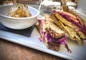 The Reuben sandwich with rosemary potatoes.  delicious !   at SunCafe in Studio City