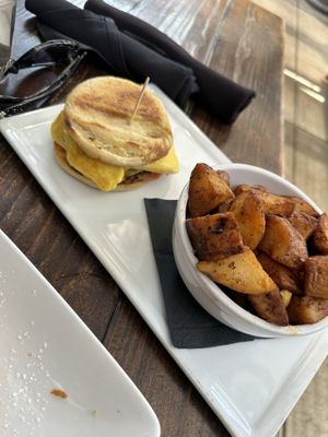 English muffin sandwich with breakfast potatoes   at SunCafe in Studio City