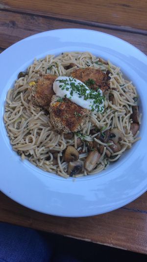 Jackfruit cake mushroom caper pasta  at SunCafe in Studio City