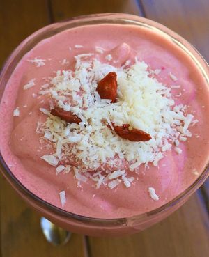 Strawberry superfood shake w/ sprinkled goji berries. Absolutely delicious!✨ at SunCafe in Studio City