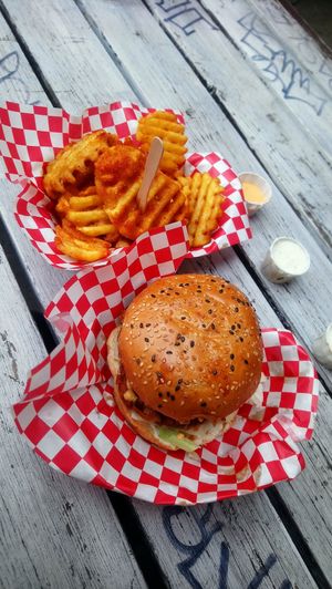 Fries and hot pappi burger at The Saucy Cow in Phibsborough