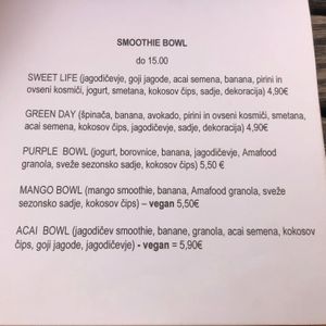 Offer of smoothie bowls with two vegan options at Nana Cafe & Lounge Bar in Maribor