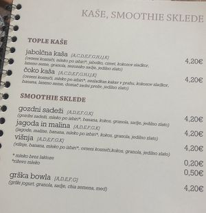 Part of the menu, showing porridge and smoothie bowls. at Na Golfu in Celje