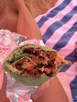 Inside of the Falafel wrap on spinach tortilla  at Cook's Café in Nantucket