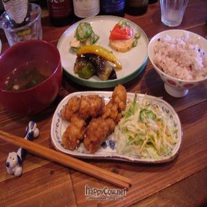 Lunch Set with miso soup, salads, brown rice and gluten chicken. at Sunny Place in Kyoto