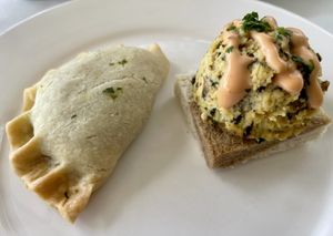 Curried Vegetable & Refried Bean Pie and Baked Tofu, Mushroom, Spinach, Remoulade  at Pendray Inn and Tea House in Victoria