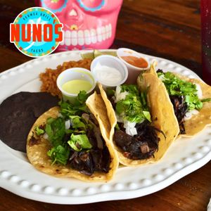 Hibiscus flower barbacoa tacos  at Nuno's Tacos & Vegmex Grill in Dallas