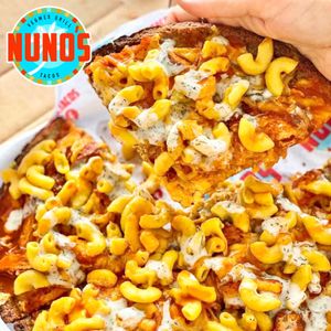 Beyond Chicken Buffalo Mac n’cheese Pizza  at Nuno's Tacos & Vegmex Grill in Dallas