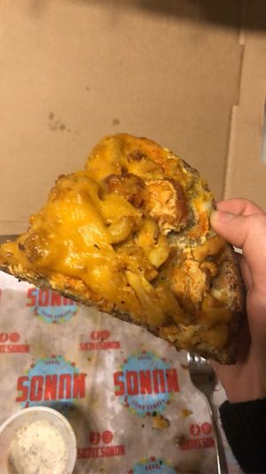 This is my left overs the next day of the Buffalo pizza the next. Pic doesn’t do it justice but this is a must try. Tasted just as great the next day. I could eat this everyday.  at Nuno's Tacos & Vegmex Grill in Dallas