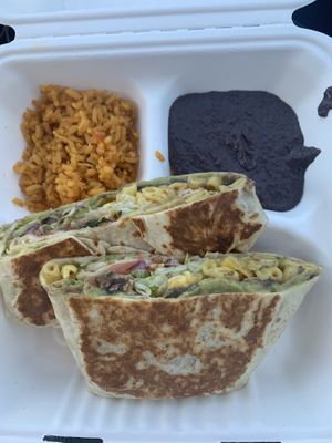 Vegan Crunchwrap with side of rice and beans. Subbed meat for guac.   at Nuno's Tacos & Vegmex Grill in Dallas