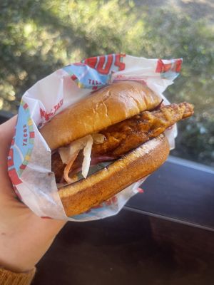 Nashville hot chicken sandwich with coleslaw   at Nuno's Tacos & Vegmex Grill in Dallas