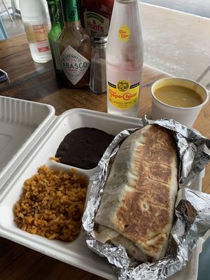 Fajita burrito and queso  at Nuno's Tacos & Vegmex Grill in Dallas