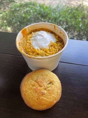 Kevin’s famous chili - comes with a jalapeño cornbread muffin   at Nuno's Tacos & Vegmex Grill in Dallas