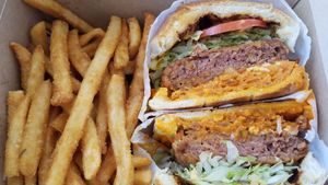 The Cowboy. Beyond meat burger with tons of goodies, lots of flavor and delicious fries. at Nuno's Tacos & Vegmex Grill in Dallas