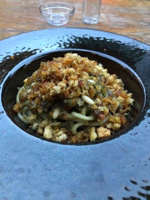 Wild fennel, pine nut, raisin, breadcrumbs, citrus (I think) and Szechuan peppercorn pasta. Option for something different (usually has anchovies) and may not find vegan elsewhere at Timoleone Veggie Restaurant & Cocktail Bar in Taormina