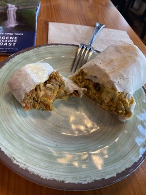 Seitan burrito on the left, breakfast on the right  at The Park Side Cafe in Olympia