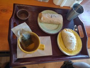 Mushroom potato stroganoff hand pie & seitan & rice burrito at The Park Side Cafe in Olympia