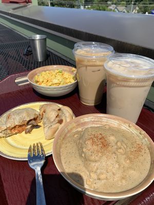 Iced latte, iced chai, mac n potat salad, biscuit w/ gravy, tofu marinara hand pie ftw  at The Park Side Cafe in Olympia