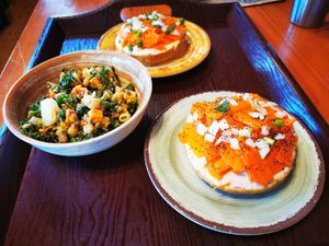 Bagel with "salmon" and salad with chick peas, sweet potatoes,... at The Park Side Cafe in Olympia