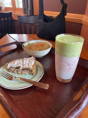 Mushroom gravy, German chocolate cake, matcha strawberry drink  at The Park Side Cafe in Olympia