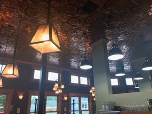 Unique ceiling and pretty lighting at The Park Side Cafe in Olympia