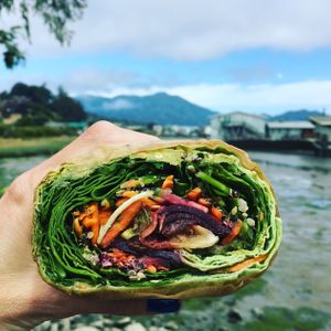 Vegan Vulcan Wrap: hummus, quinoa, almond, avocado, spinach, arugula, sesame, lemon, carrot, cucumber, radish, beets, garlic-pepper sauce, jalapeño  at Davey Jones Deli in Sausalito