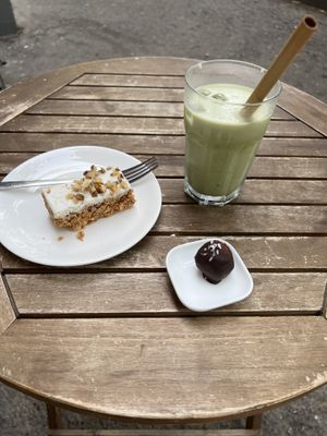 Carrot cake, coconut bon bon & matcha latte  at Namu ნამუ - Maybe closed in Tbilisi