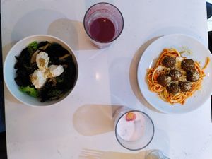 Mushroom salad, meat balls, rose latte & acai smoothie at Namu ნამუ - Maybe closed in Tbilisi