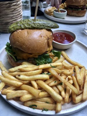 Burger and fries  at Eden in Bondi Beach