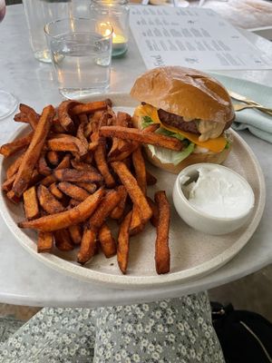 Eden cheeseburger with sweet potato fries   at Eden in Bondi Beach