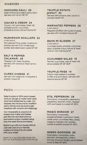 menu: starters and pizza at Eden in Bondi Beach